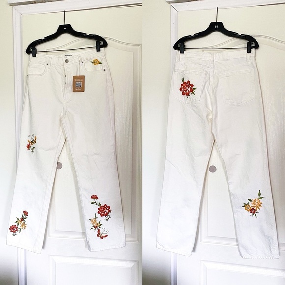Reformation Cynthia High-Rise Straight Jeans Rigid Denim Flora Embroidery 29 GUC - Picture 2 of 10